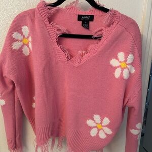 Oh Polly Pink Daisy Frayed V-Neck Sweater